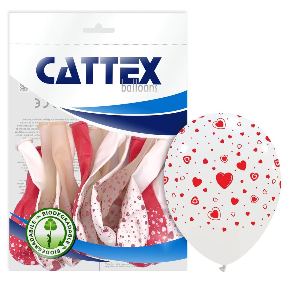 Rund Luftballon | CATTEX | 12'' | Herzen weiß und rot | 20 Stück